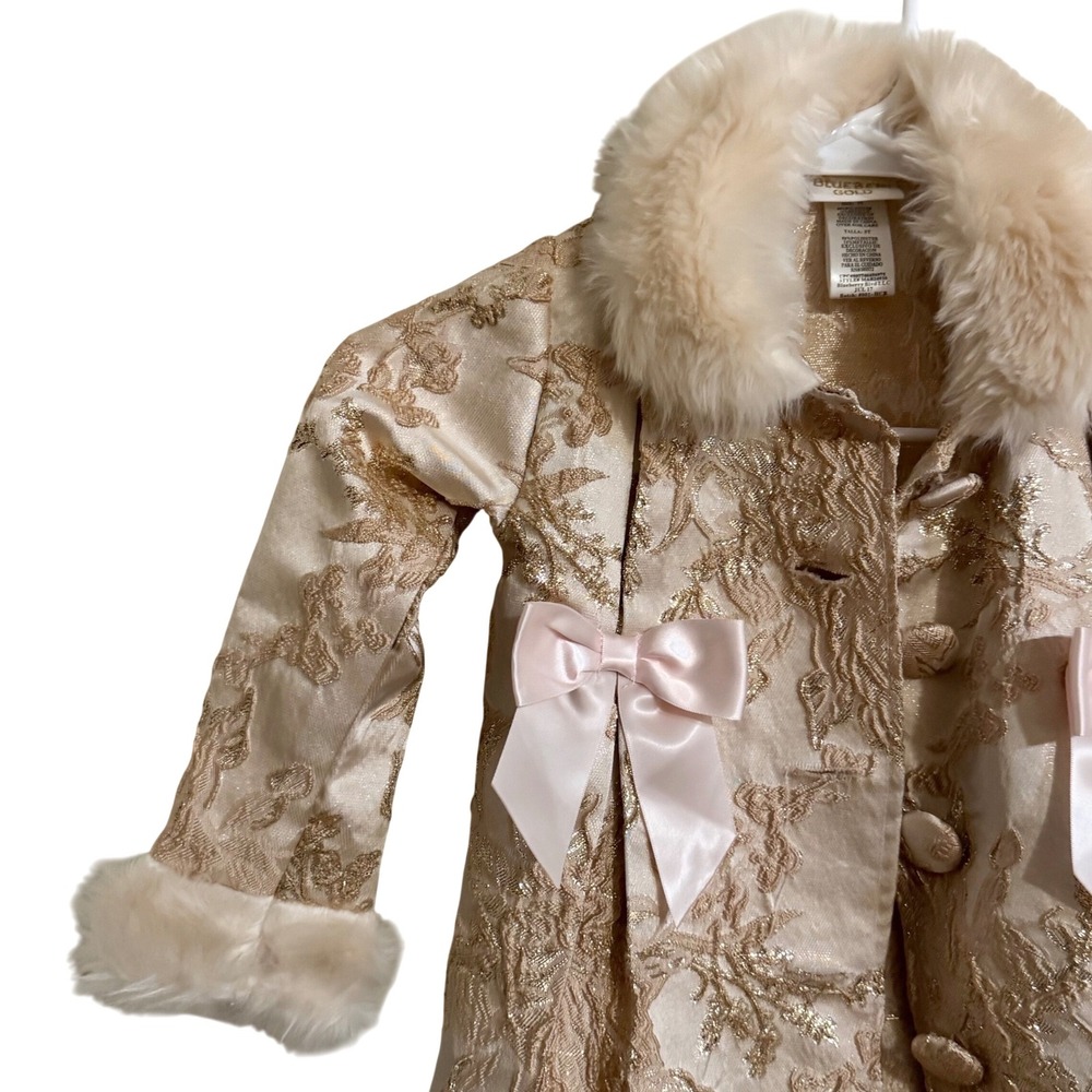 Blueberi Gold Toddler Girl Coat Dress 3T Gold Brocade Faux Fur Collar Holiday - Picture 3 of 9